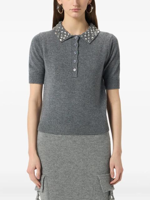 Blumarine beaded-collar polo top - Grey