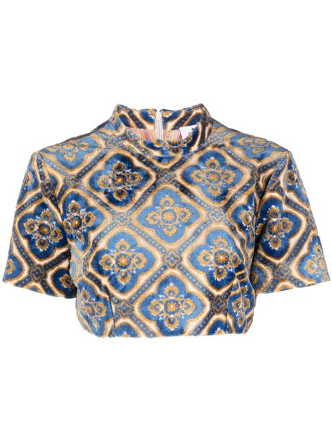 ETRO abstract-print velvet crop top - Blue - zdjęcie produktu nr 1