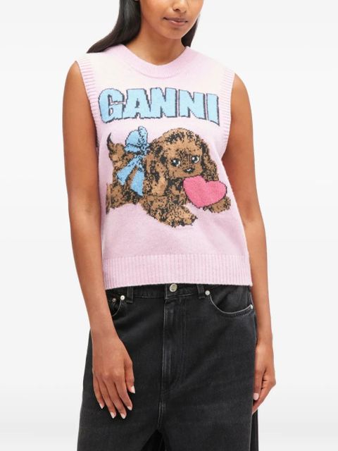 GANNI Puppy logo sleeveless knit vest - Pink