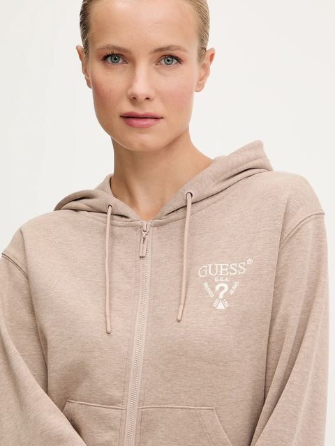 Guess bluza ROBERTA damska kolor brązowy z kapturem z aplikacją V5RQ20 KC3D2