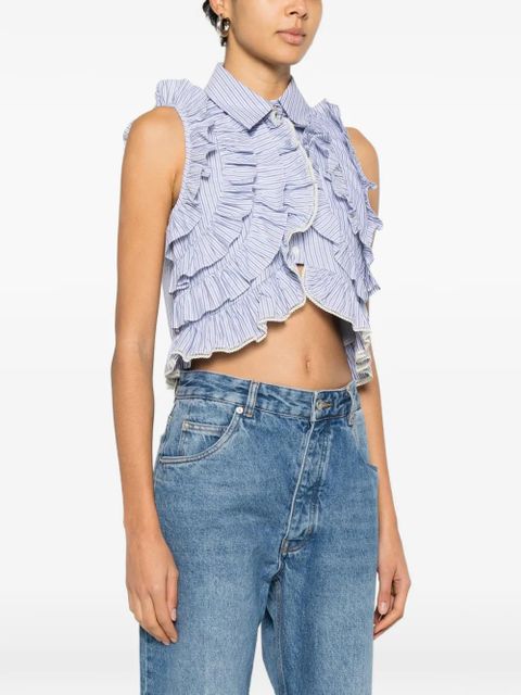 SANDRO striped-pattern ruffled blouse - Blue