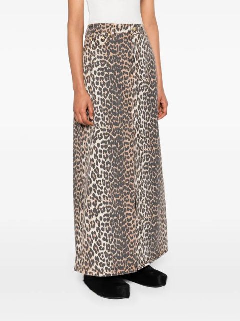 GANNI high-waisted leopard-print denim midi skirt - Neutrals