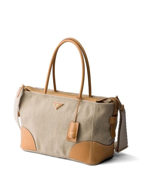 Prada large linen and leather tote bag - Neutrals