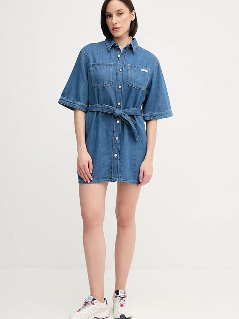 Calvin Klein Jeans sukienka z domieszką lnu kolor niebieski mini prosta J20J225169 - zdjęcie produktu nr 2