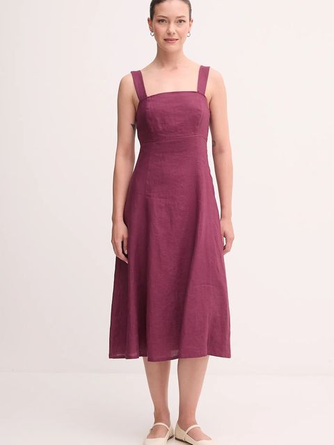 United Colors of Benetton sukienka lniana kolor bordowy midi rozkloszowana 4AGHDV0AG