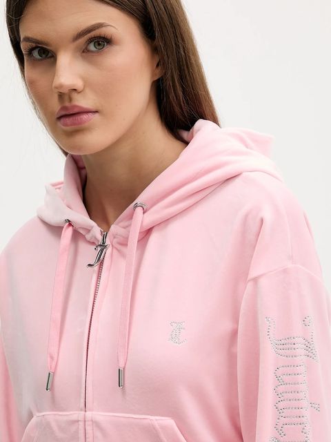 Juicy Couture bluza welurowa damska kolor różowy z kapturem gładka JCWAS225310