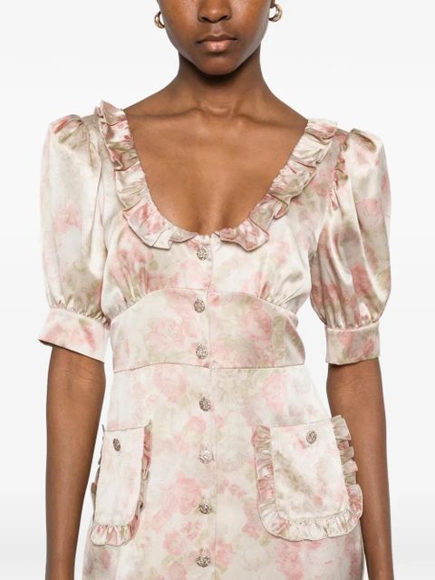 Alessandra Rich ruffled floral-print silk midi dress - Neutrals