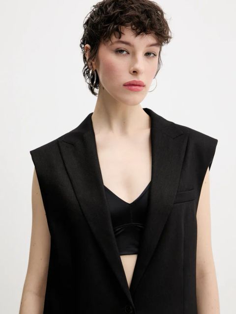 HUGO kamizelka lniana kolor czarny jednorzędowa 50537621