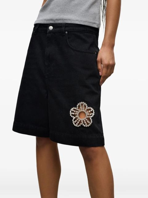 AREA crystal-flower denim shorts - Black