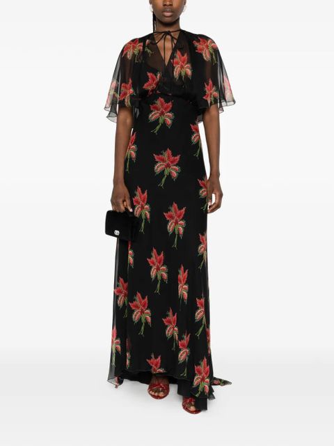 Valentino Garavani floral-print cape-sleeve dress - Black - zdjęcie produktu nr 2