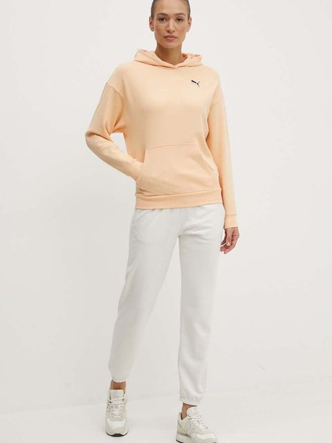 Puma bluza bawełniana BETTER ESSENTIALS damska kolor żółty z kapturem gładka 675988
