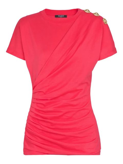 Balmain draped-detail button T-shirt - Pink - zdjęcie produktu nr 1