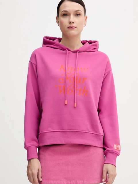 United Colors of Benetton bluza damska kolor różowy z kapturem z nadrukiem 3WNWD201C - zdjęcie produktu nr 1
