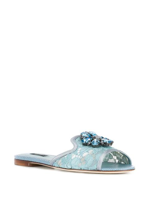 Dolce & Gabbana crystal-embellished lace slides - Blue