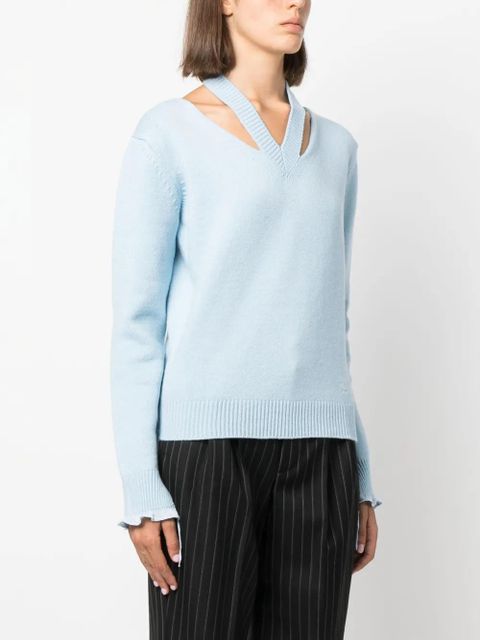 FENDI logo-embroidered cut-out fine-knit jumper - Blue