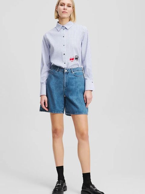 Karl Lagerfeld szorty jeansowe bawełniane IKON damskie kolor niebieski z nadrukiem high waist A2W10151 - zdjęcie produktu nr 1