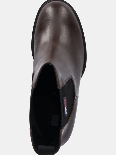 Tommy Jeans botki skórzane TJW LEATHER HEEL BOOT damskie kolor brązowy na słupku lekko ocieplone EN0EN02831