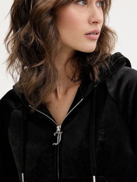 Juicy Couture bluza welurowa damska kolor czarny z kapturem gładka JCWAS225306