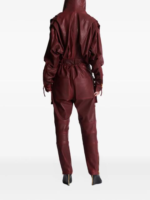 Balmain hooded draped leather mini dress - Red