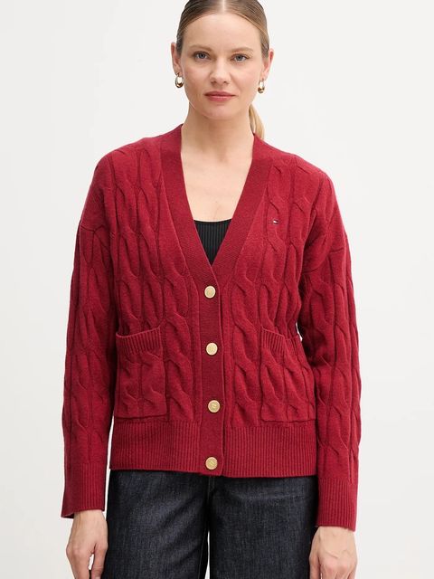 Tommy Hilfiger kardigan wełniany kolor bordowy WW0WW43089