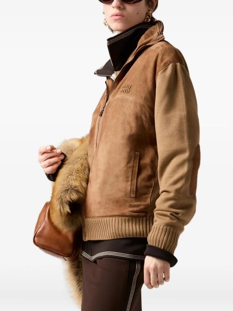 Miu Miu suede-insert ribbed cardigan - Brown