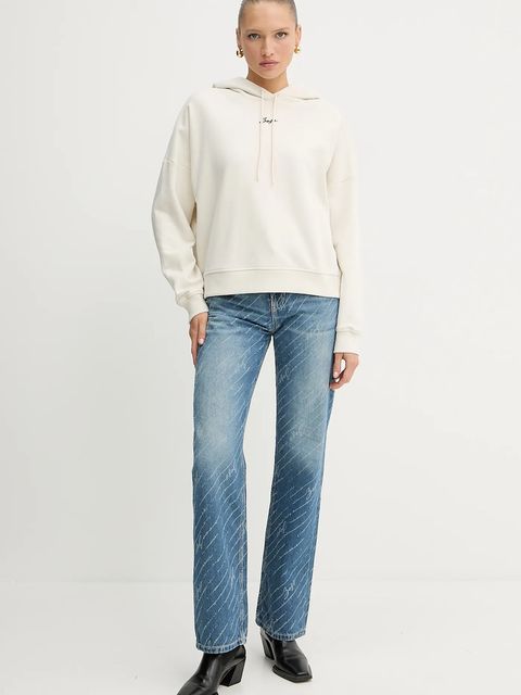 BOSS Orange bluza bawełniana damska kolor beżowy z kapturem gładka 50547572