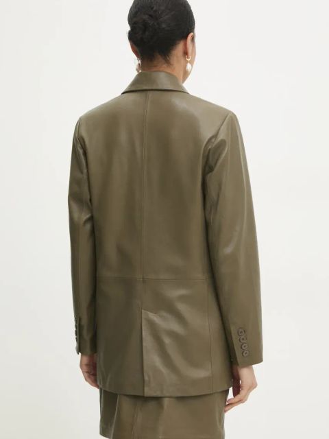 Answear.LAB marynarka skórzana kolor zielony jednorzędowa gładka