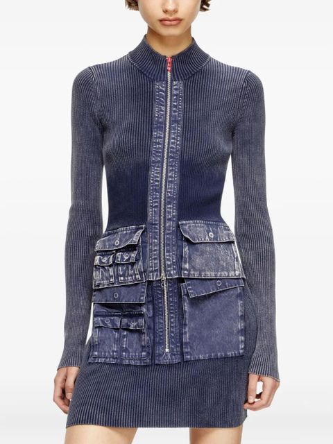 Diesel M-Melissa rib-knit denim-pockets cardigan - Blue