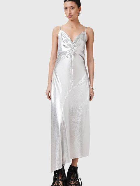 AllSaints sukienka ALEXIA kolor srebrny midi prosta W203DC - zdjęcie produktu nr 1