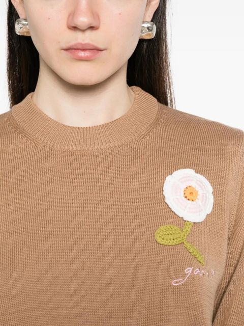 GANNI floral-appliqué short-sleeve sweater - Neutrals