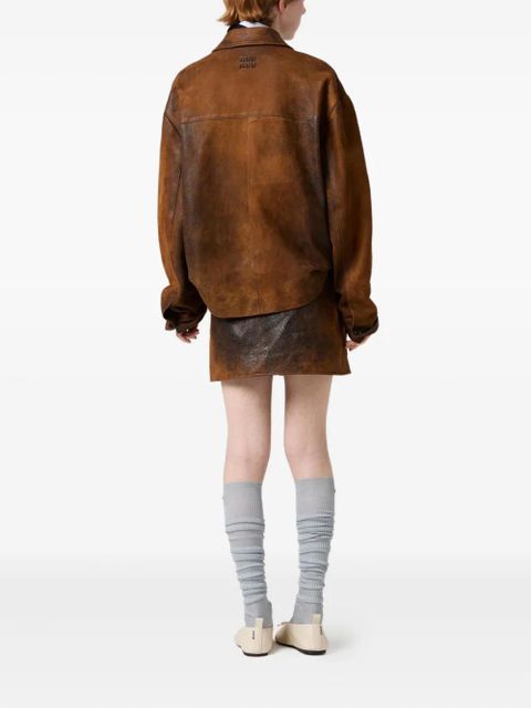 Miu Miu embossed-logo leather jacket - Brown