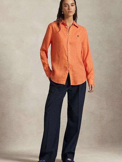 Polo Ralph Lauren koszula lniana kolor pomarańczowy relaxed z kołnierzykiem klasycznym 211970730