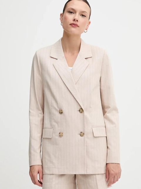 United Colors of Benetton marynarka z domieszką lnu kolor beżowy dwurzędowa wzorzysta 29KBDW033