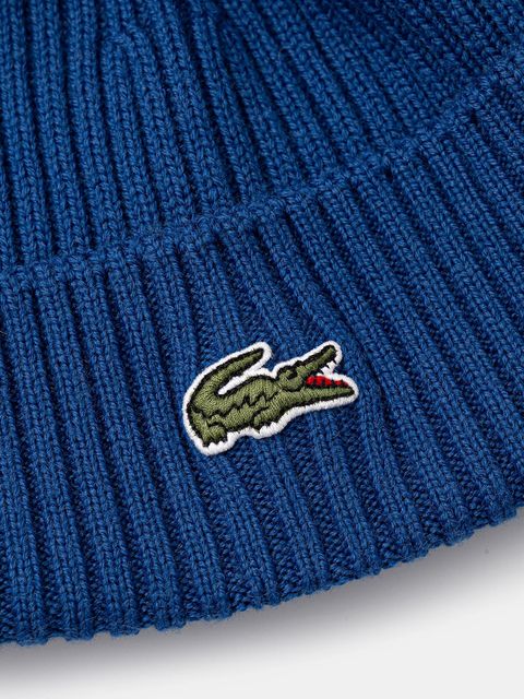Lacoste czapka wełniana kolor niebieski z cienkiej dzianiny wełniana RB0001