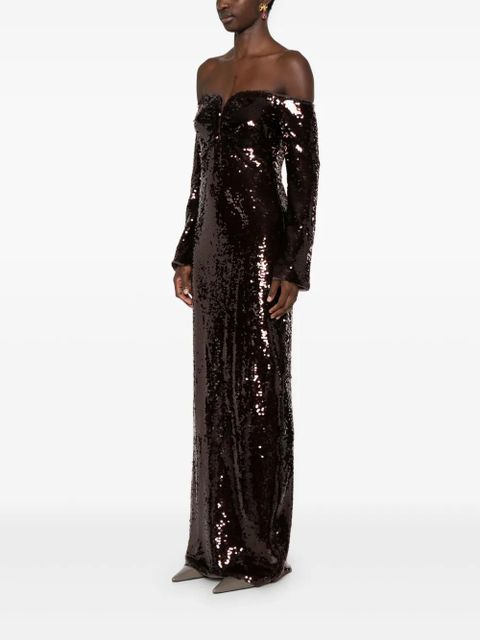 Self-Portrait sequin off-shoulder maxi dress - Brown