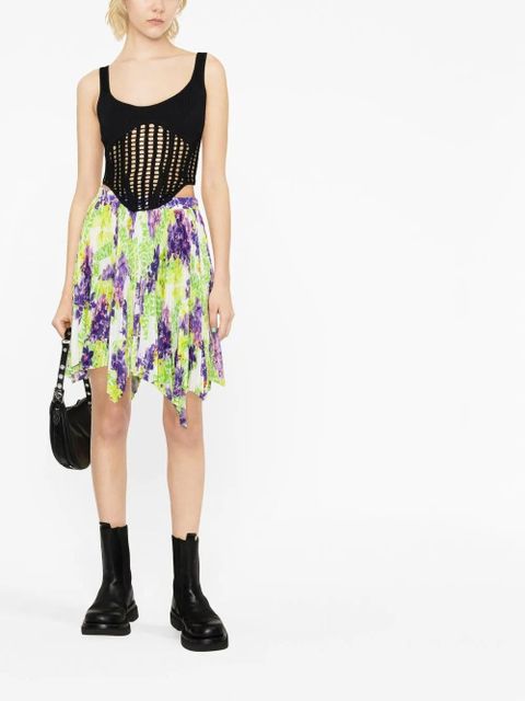 Versace Logo Orchid-print pleated asymmetric skirt - Green