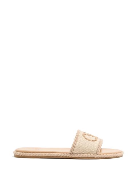 Valentino Garavani VLogo torchon slide sandals in linen canvas - Neutrals - zdjęcie produktu nr 1