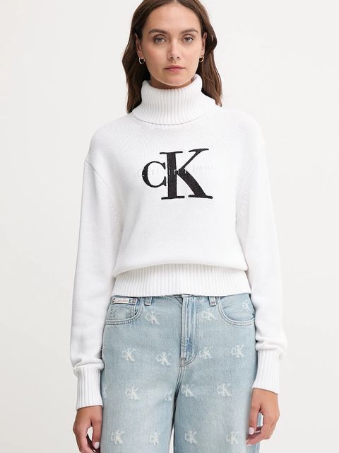 Calvin Klein Jeans sweter damski kolor biały z golfem LV047D354G - zdjęcie produktu nr 1
