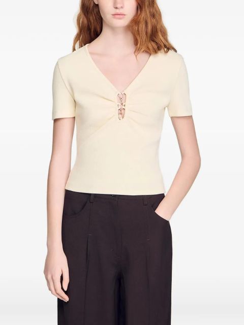 SANDRO detail V-neck T-shirt - Neutrals
