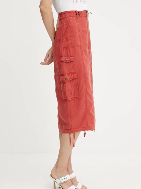 Guess spódnica z domieszką lnu CASEY kolor czerwony midi prosta W5GD1H WG8N0