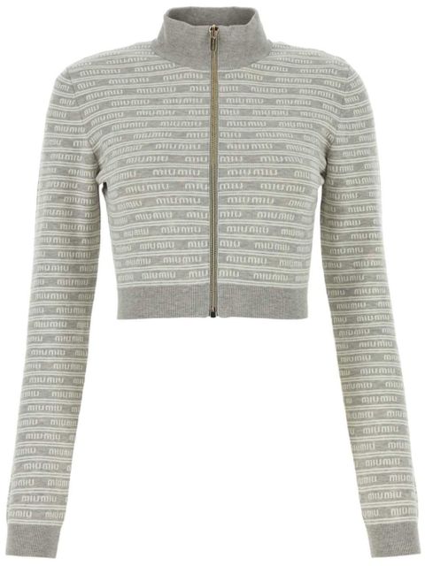 Miu Miu intarsia-logo cropped cardigan - Grey - zdjęcie produktu nr 1