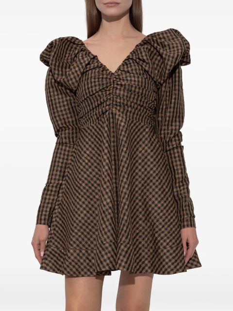 GANNI V-neck checked mini dress - Brown - zdjęcie produktu nr 2