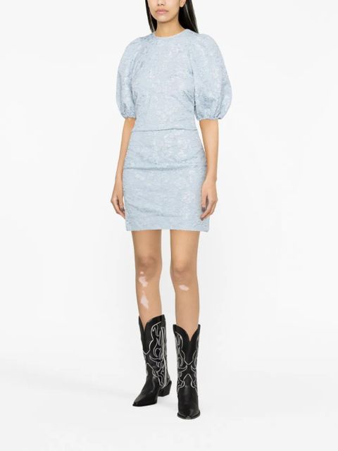 GANNI floral-jacquard puff-sleeve dress - Blue - zdjęcie produktu nr 2