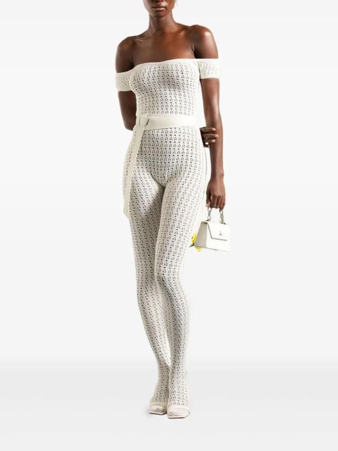 Manière De Voir Martine pointelle-knit belted bardot jumpsuit - White