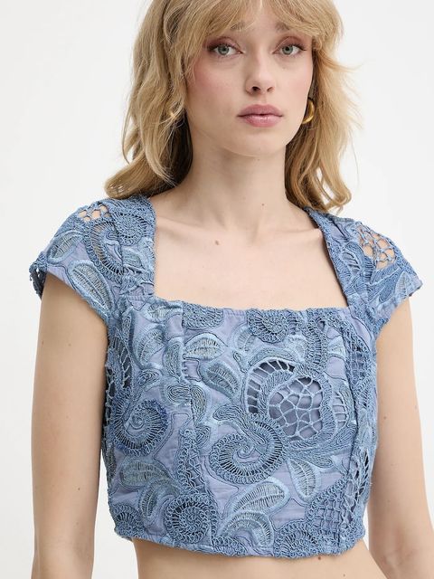 Guess bluzka bawełniana DOMITILLE damska kolor niebieski gładka W5GH65 WH521