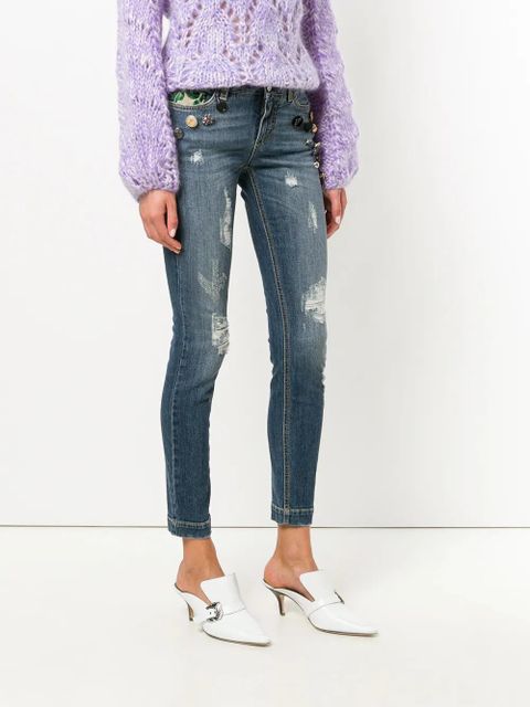 Dolce & Gabbana button embellished and brocade appliqué distressed jeans - Blue - zdjęcie produktu nr 2