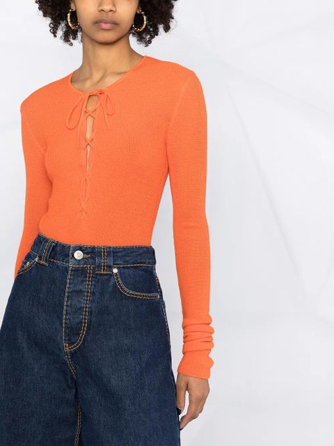 GANNI lace-up merino top - Orange