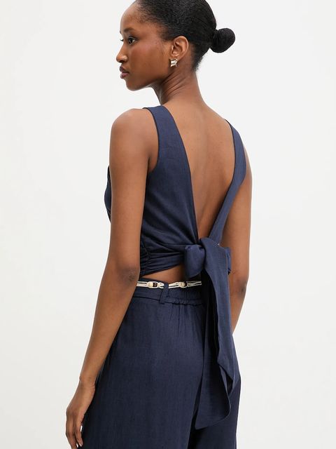 Answear.LAB bluzka z lnem damska kolor granatowy gładka