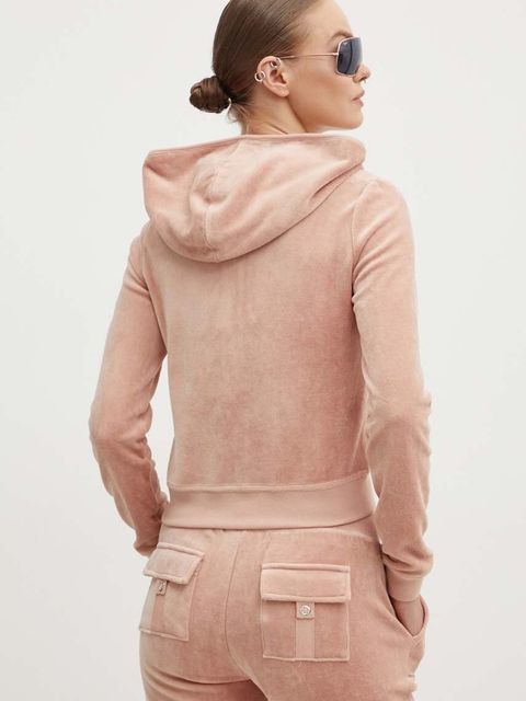 Juicy Couture bluza welurowa HERITAGE ROBYN HOODIE kolor beżowy z kapturem gładka JCSEBJ007