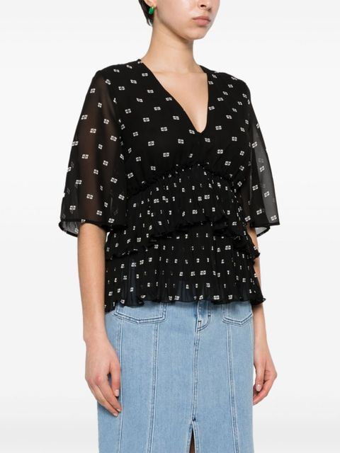 GANNI graphic-print V-neck pleated blouse - Black